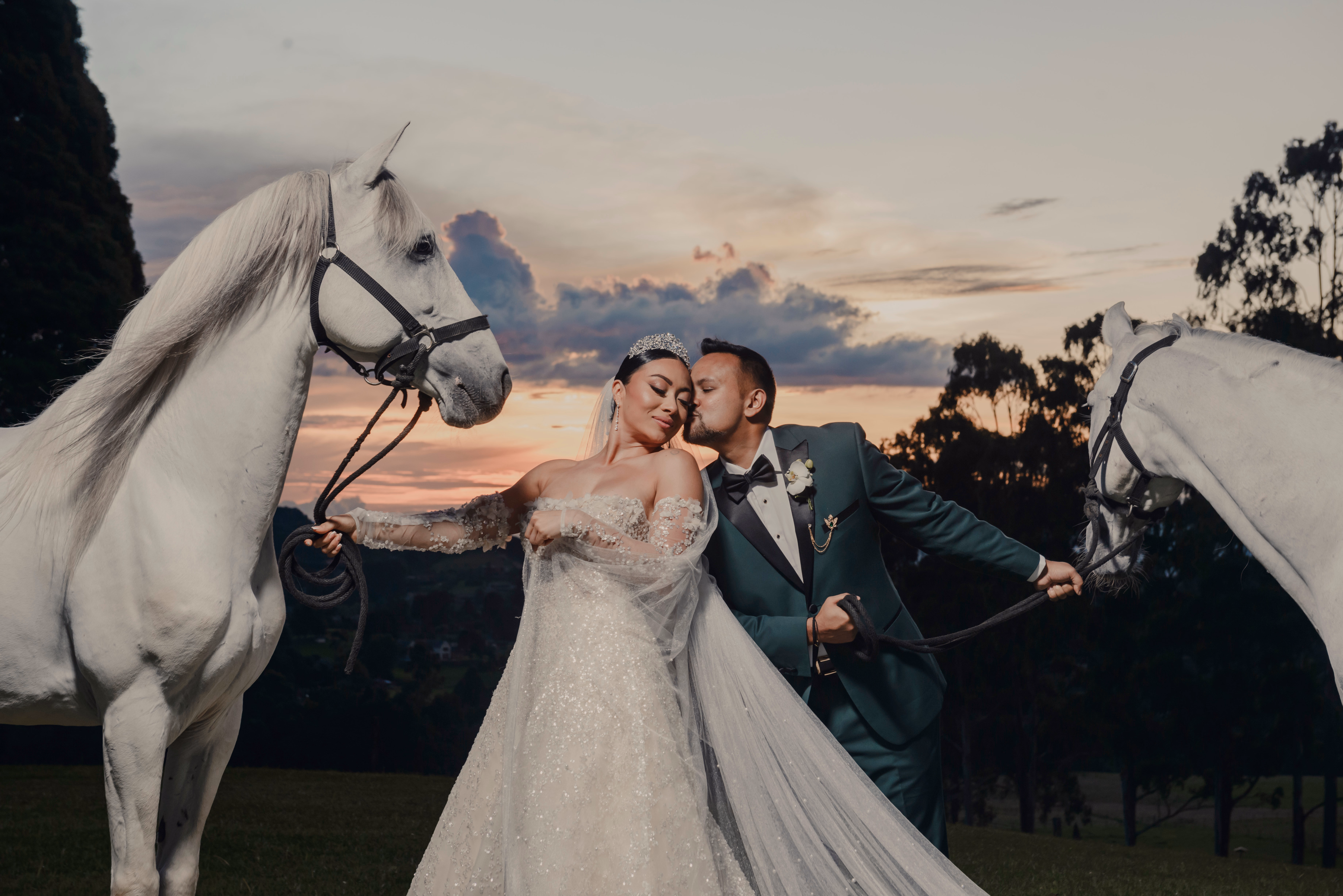 Pareja de recién casados junto a caballos blancos al atardecer
