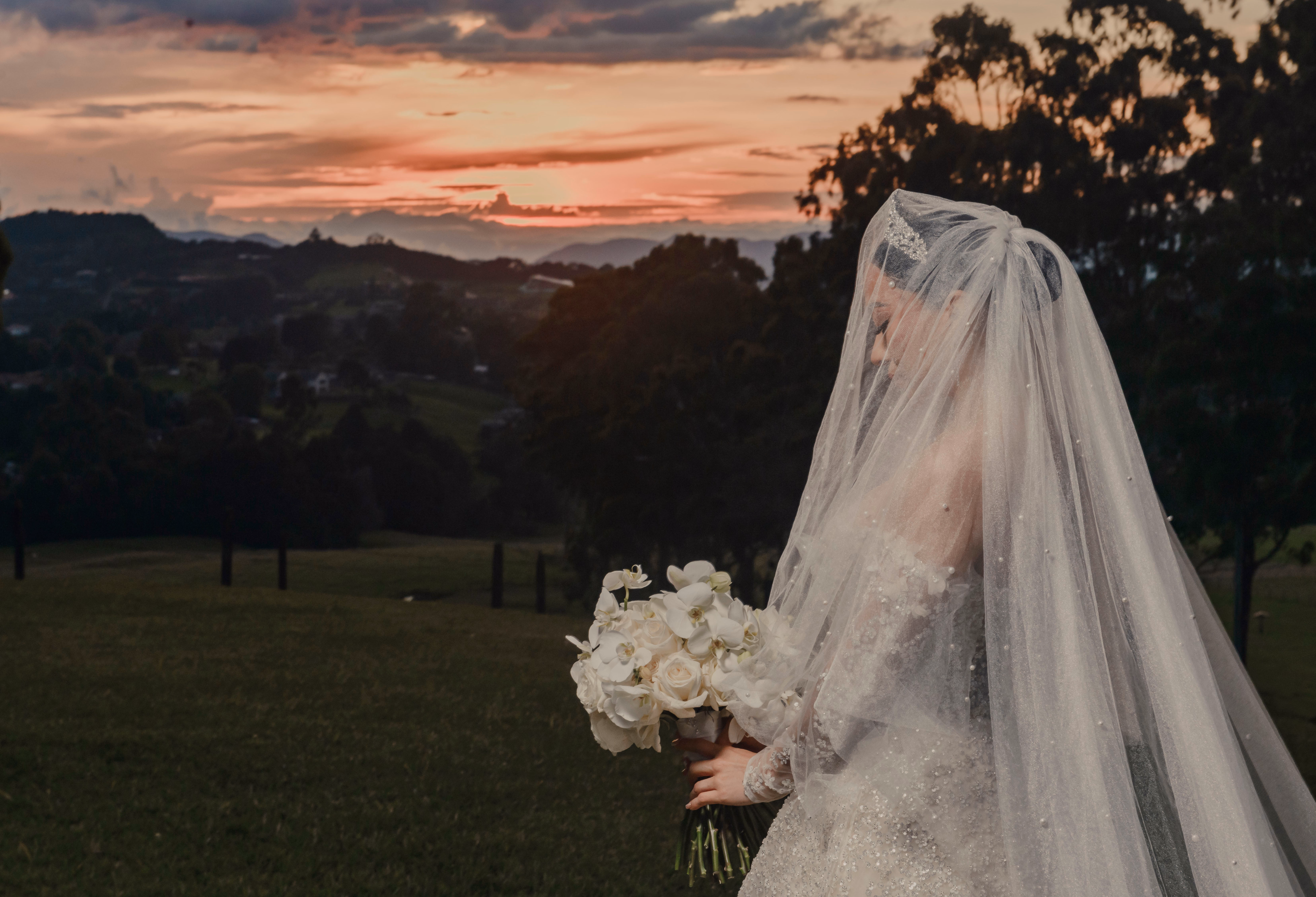Novia bajo el velo frente a un atardecer en las montañas